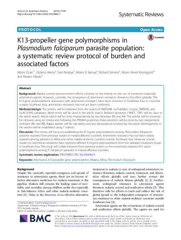 (PDF) K13-propeller gene polymorphisms in Plasmodium falciparum ...