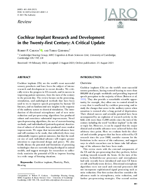 (PDF) Cochlear Implant Research and Development in the Twenty-first ...
