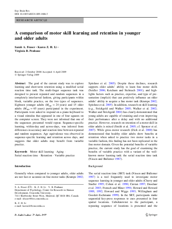 (PDF) A comparison of motor skill learning and retention in younger and ...