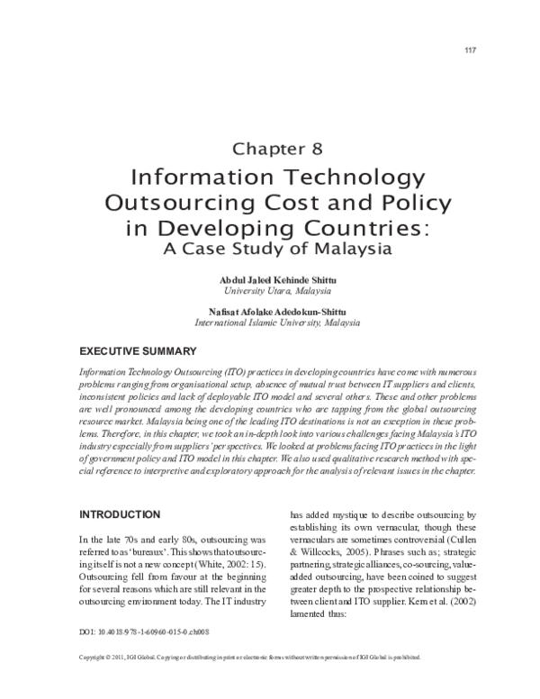 (PDF) Information Technology Outsourcing Cost and Policy in Developing ...