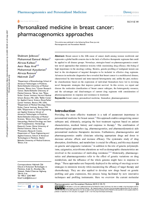(PDF) Personalized medicine in breast cancer: pharmacogenomics approaches