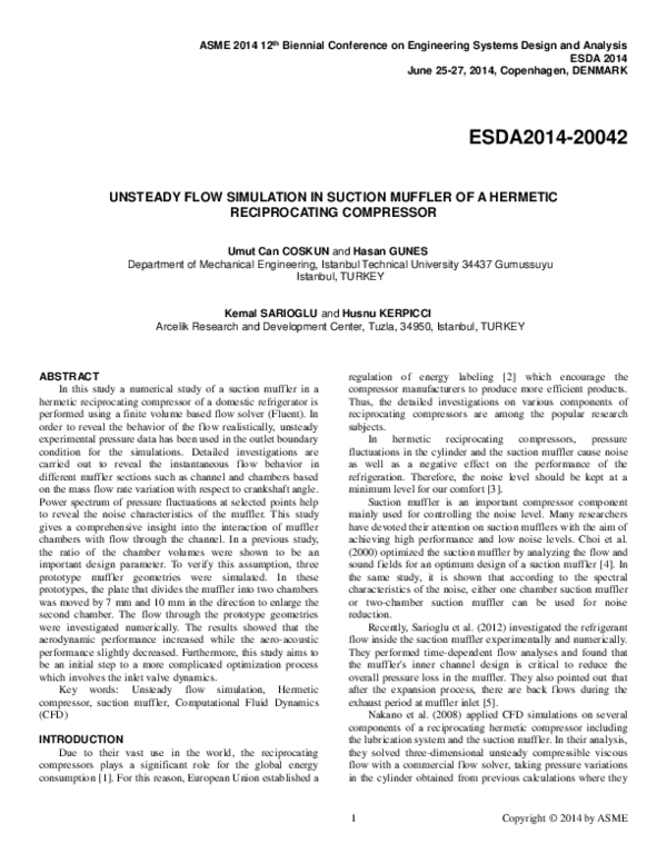 (PDF) Unsteady Flow Simulation in Suction Muffler of a Hermetic ...