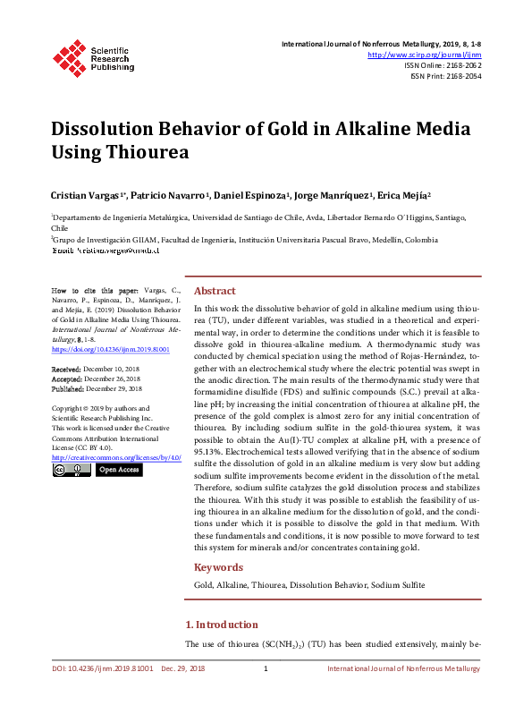 (PDF) Dissolution Behavior of Gold in Alkaline Media Using Thiourea