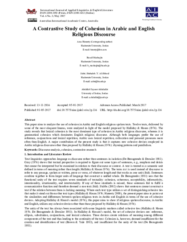 (PDF) A Contrastive Study of Cohesion in Arabic and English Religious ...