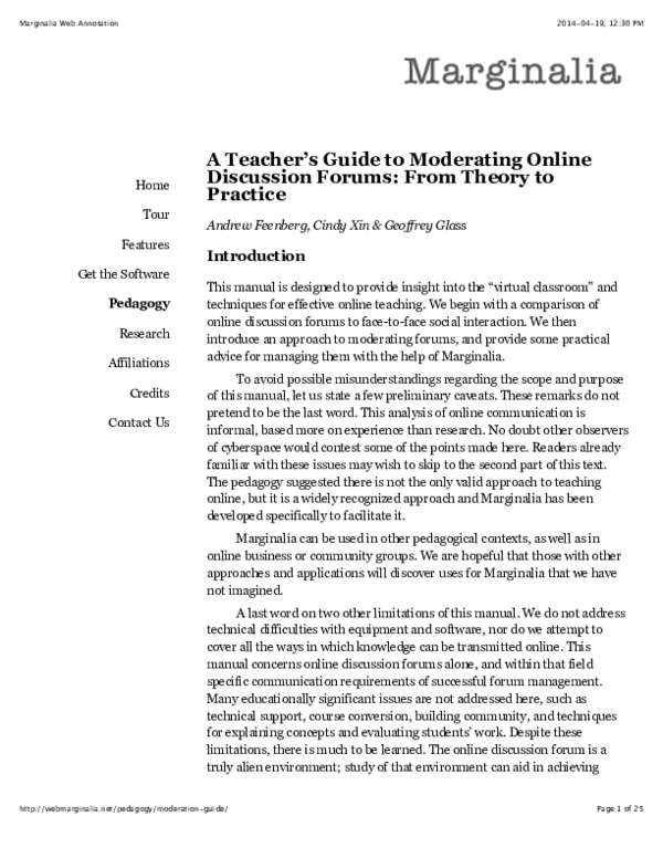 (PDF) A teacher’s guide to moderating online discussion forums: From ...