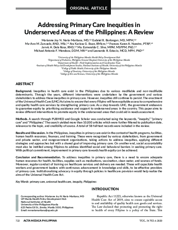 (PDF) Addressing Primary Care Inequities in Underserved Areas of the ...