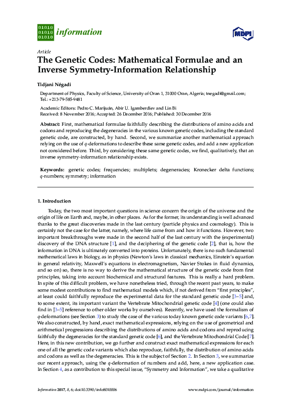 (PDF) The Genetic Codes: Mathematical Formulae and an Inverse Symmetry ...