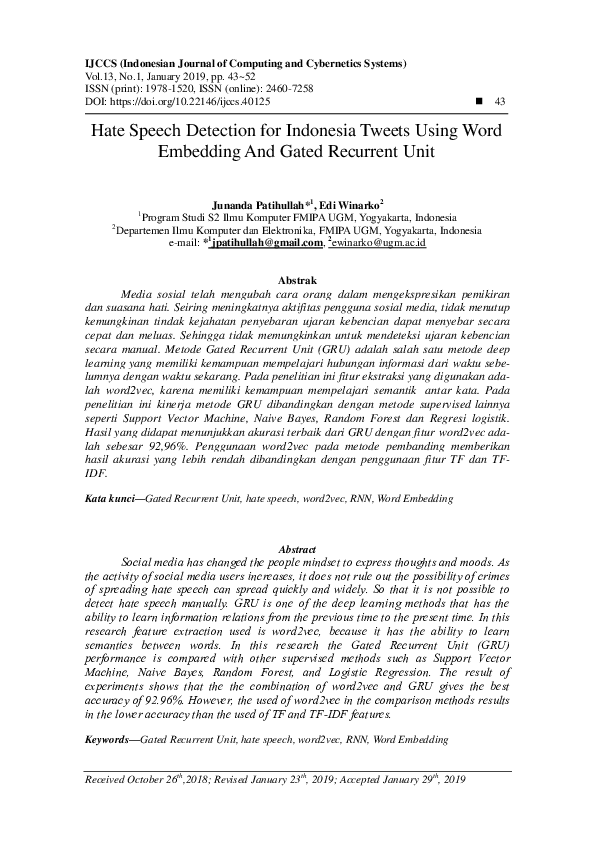 (PDF) Hate Speech Detection for Indonesia Tweets Using Word Embedding ...