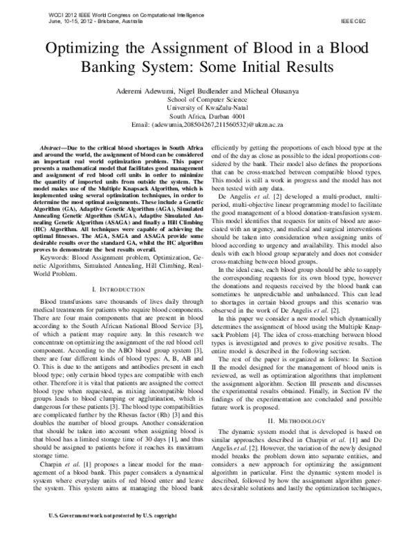 (PDF) Optimizing the assignment of blood in a blood banking system ...