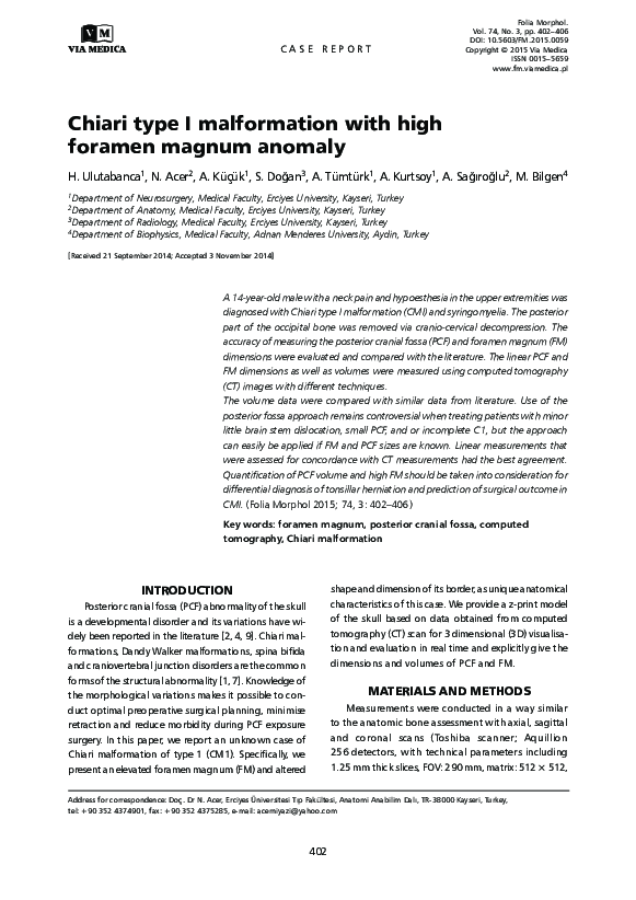 (PDF) Chiari type I malformation with high foramen magnum anomaly