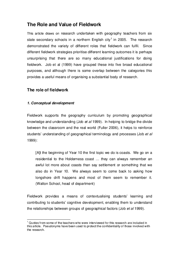 (PDF) The Role and Value of Fieldwork