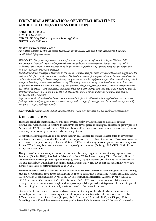 (PDF) Industrial applications of virtual reality in architecture and ...
