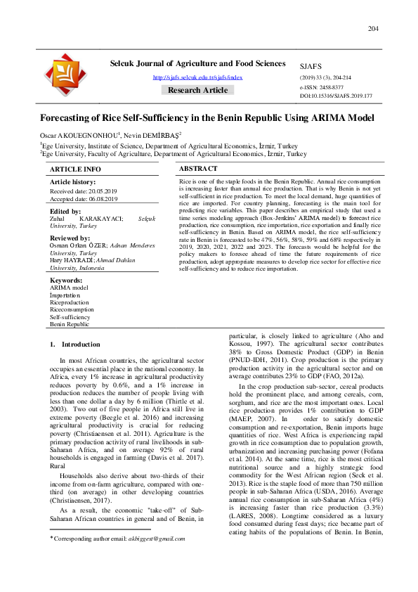 (PDF) Forecasting of rice self-sufficiency in the Benin Republic using ...
