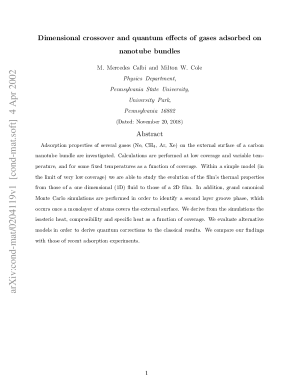 (PDF) Dimensional crossover and quantum effects of gases adsorbed on ...