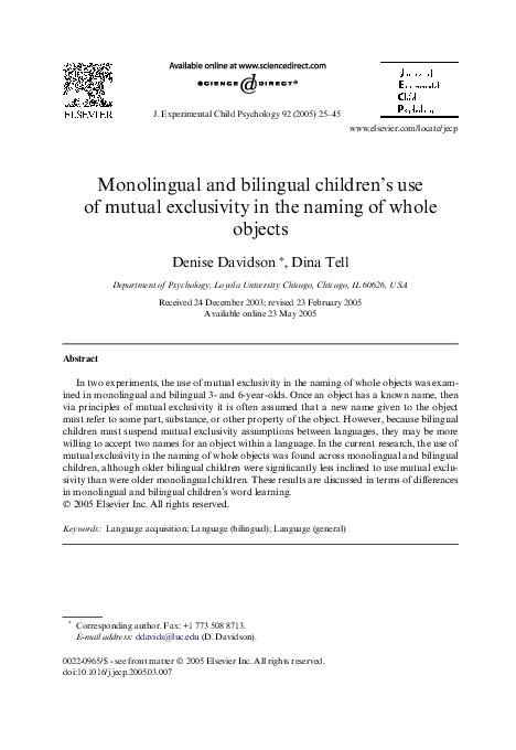 (PDF) Monolingual and bilingual children's use of mutual exclusivity in ...