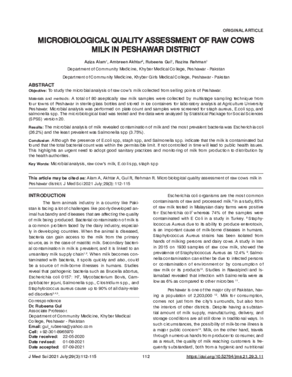 (PDF) Microbiological Quality Assessment of Raw Cows Milk in Peshawar ...