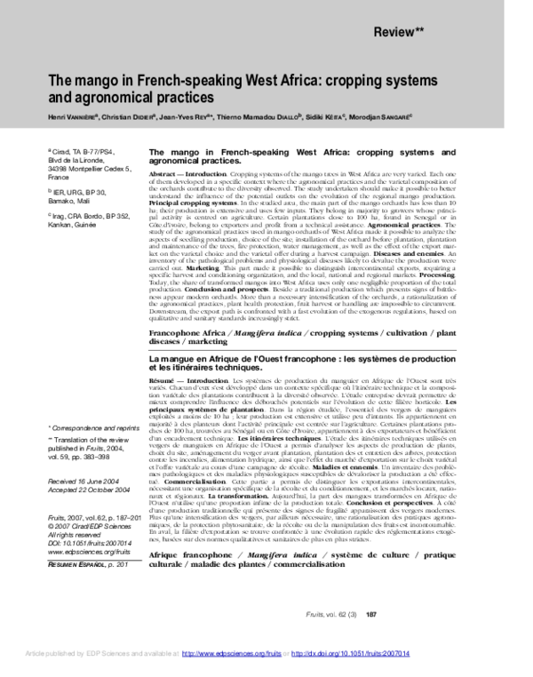 (PDF) The mango in French-speaking West Africa: cropping systems and ...