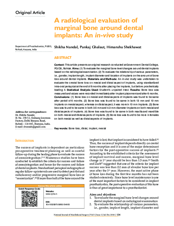 (PDF) A radiological evaluation of marginal bone around dental implants ...