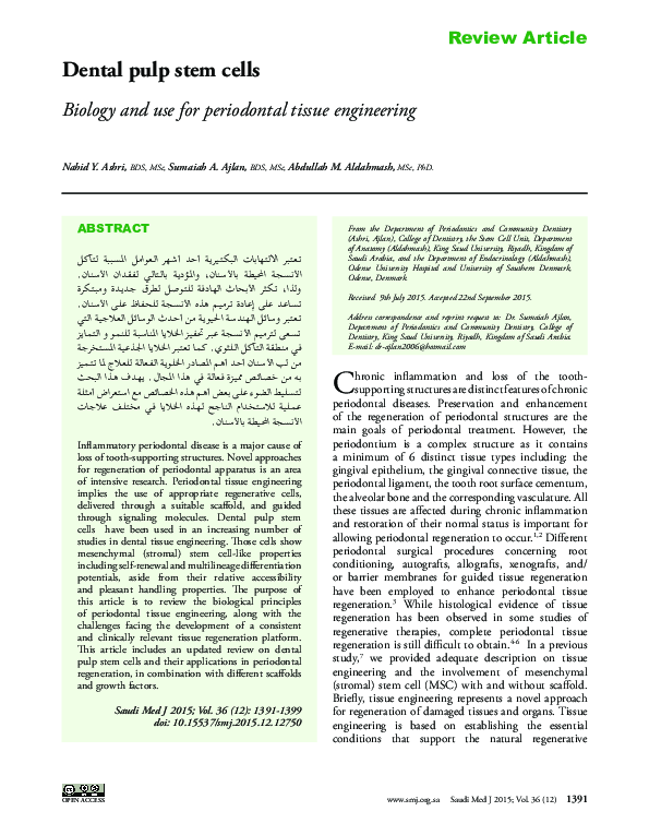 (PDF) Dental pulp stem cells. Biology and use for periodontal tissue ...
