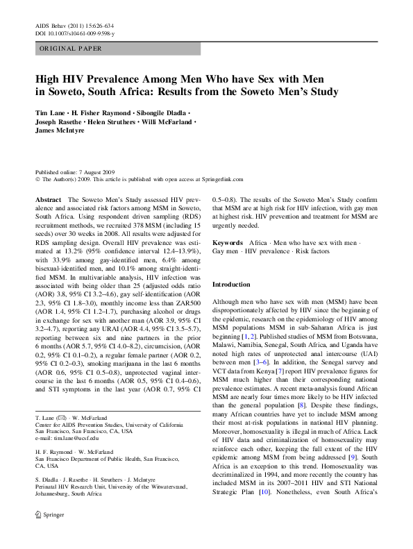 (PDF) High HIV Prevalence Among Men Who have Sex with Men in Soweto ...