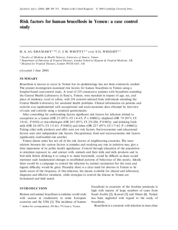 (PDF) Risk factors for human brucellosis in Yemen: a case control study