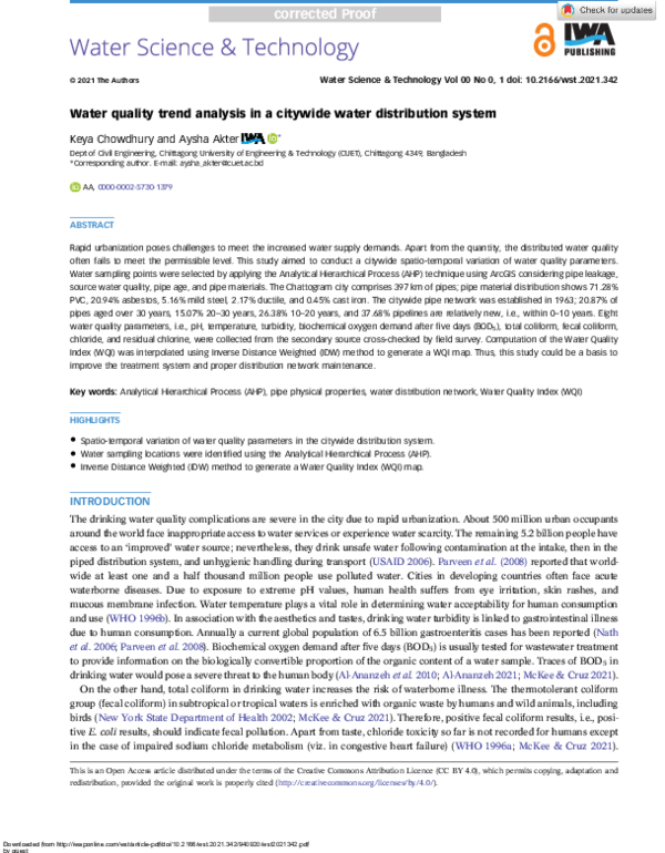 (PDF) Water quality trend analysis in a citywide water distribution system