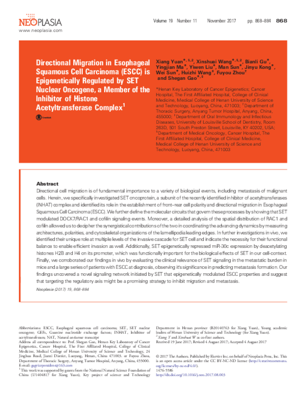(PDF) Directional Migration in Esophageal Squamous Cell Carcinoma (ESCC ...