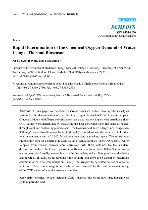 (PDF) The rapid determination of chemical oxygen demand in waste waters ...