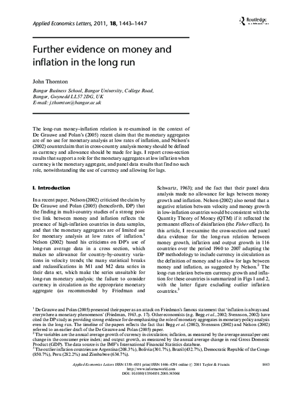 (PDF) Further evidence on money and inflation in the long run