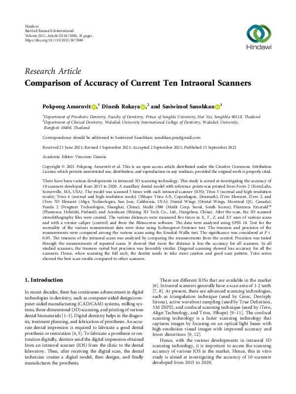 (PDF) Comparison of Accuracy of Current Ten Intraoral Scanners
