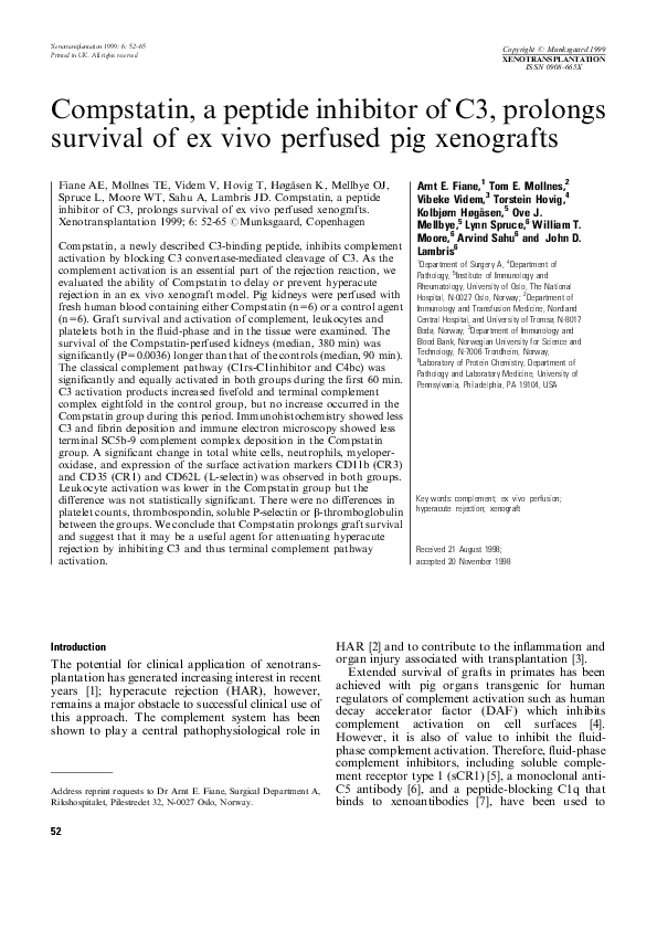 (PDF) Compstatin, a peptide inhibitor of C3, prolongs survival of ex ...