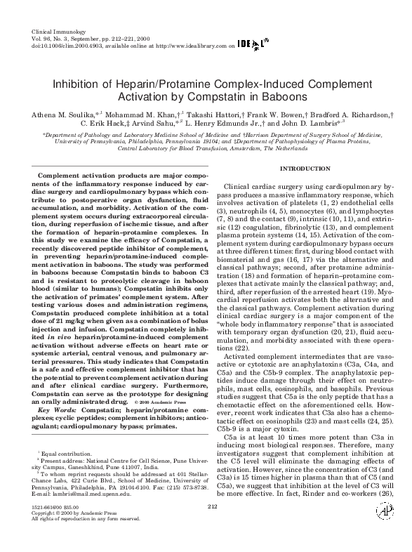 (PDF) Inhibition of Heparin/Protamine Complex-Induced Complement ...