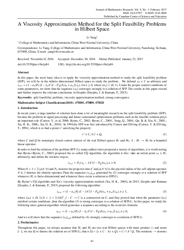 (PDF) A Viscosity Approximation Method for the Split Feasibility ...