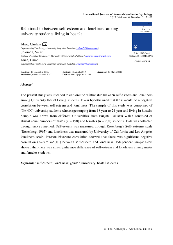 (PDF) Relationship between self-esteem and loneliness among university ...