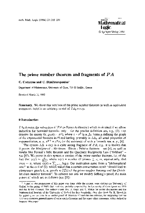 (PDF) The prime number theorem and fragments ofP A