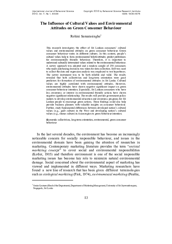 (PDF) The Influence of Cultural Values and Environmental Attitudes on ...