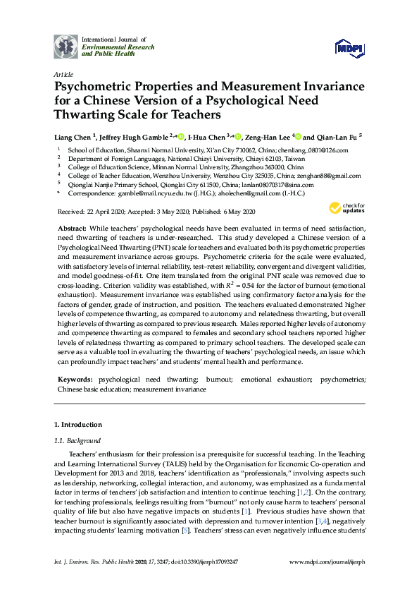 (PDF) Psychometric Properties and Measurement Invariance for a Chinese ...