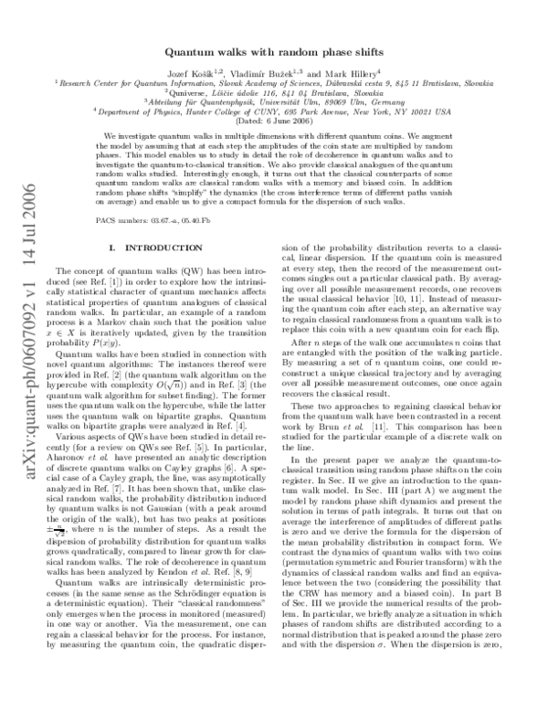 (PDF) Quantum walks with random phase shifts
