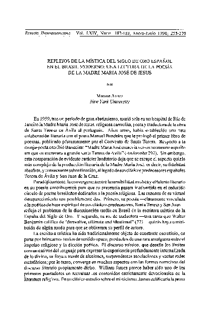 Reflejos de la mística del Siglo de Oro español en el Brasil moderno: una lectura de la poesía de la Madre María José de Jesús