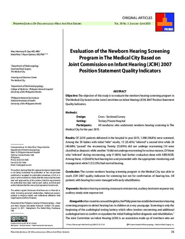 (PDF) Evaluation of the Newborn Hearing Screening Program in The ...