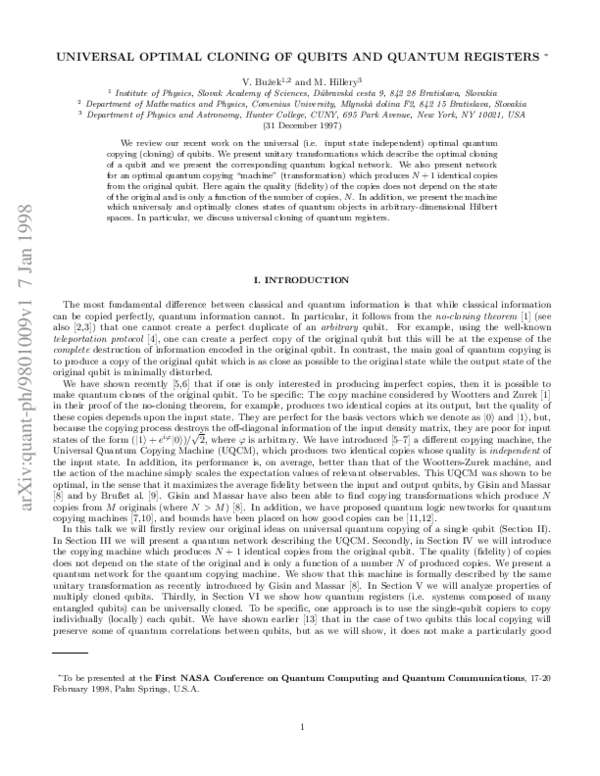 (PDF) Universal Optimal Cloning of Qubits and Quantum Registers