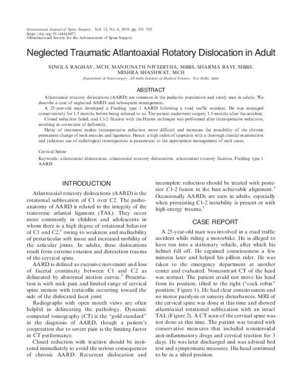 (PDF) Neglected Traumatic Atlantoaxial Rotatory Dislocation in Adult