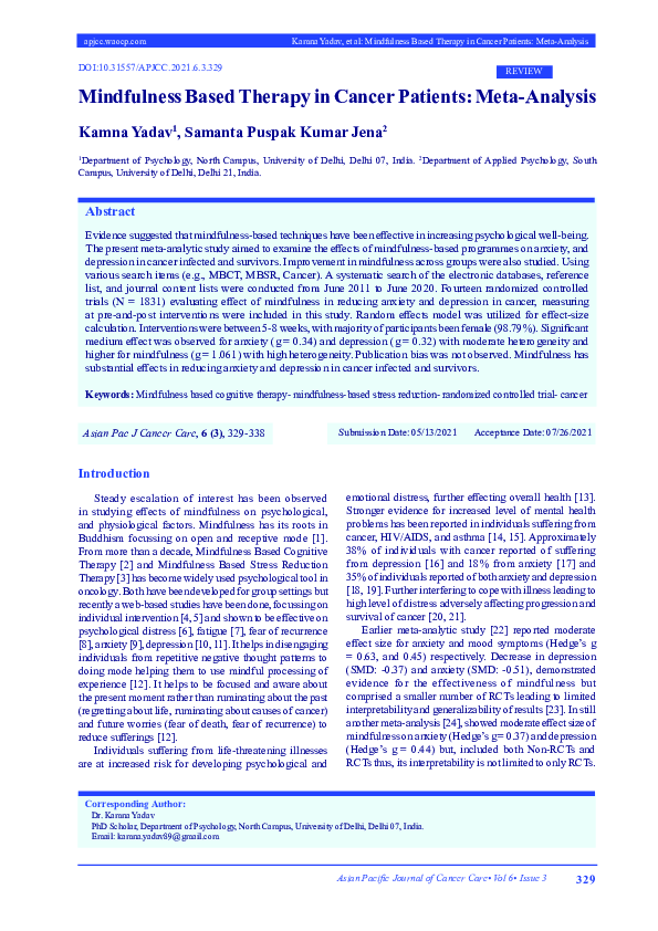Mindfulness Based Therapy in Cancer Patients: Meta-Analysis