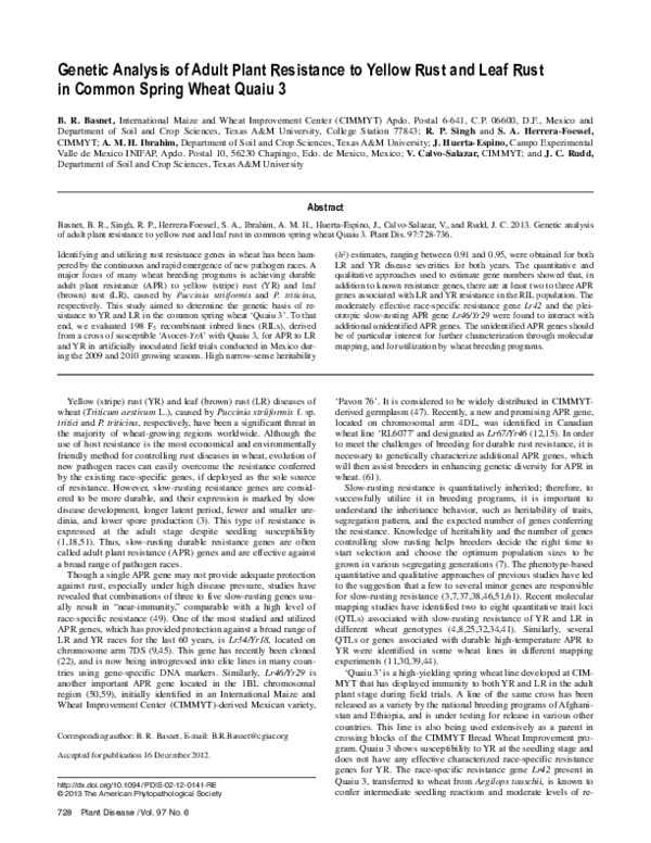 (PDF) Genetic Analysis of Adult Plant Resistance to Yellow Rust and ...