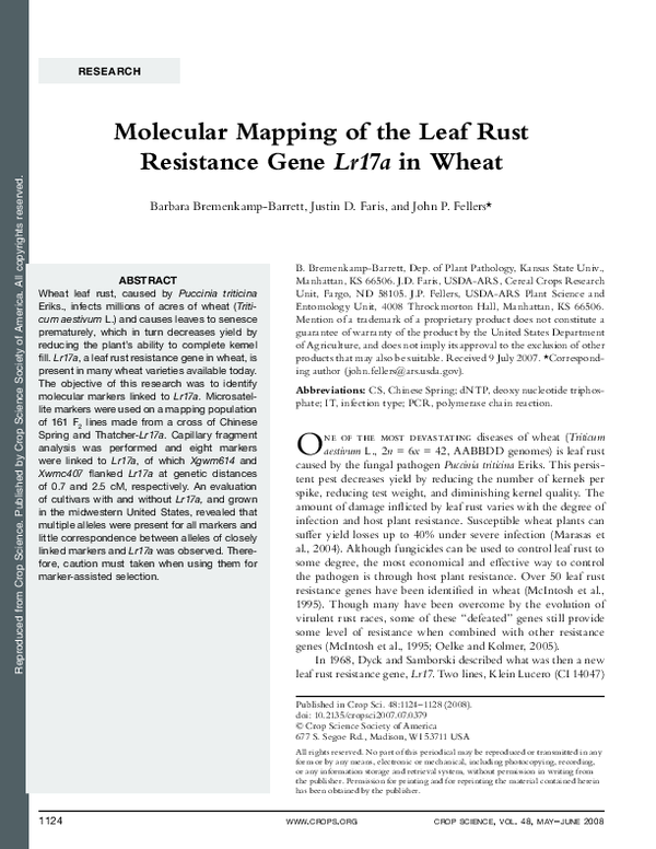(PDF) Molecular Mapping of Leaf Rust Resistance Gene 5 in Barley