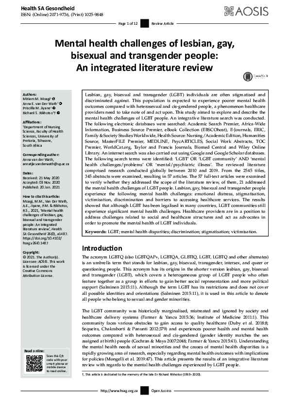 (PDF) Mental health challenges of lesbian, gay, bisexual and ...