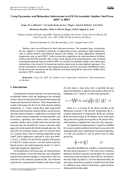 (PDF) Creep Parameters and Dislocation Substructure in AISI 316 ...