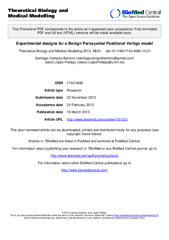 (PDF) Experimental designs for a Benign Paroxysmal Positional Vertigo model