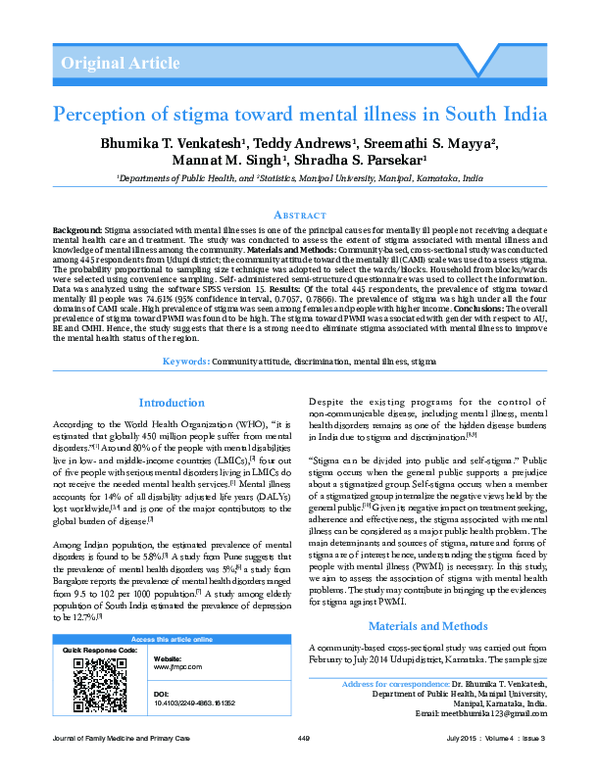 (PDF) Perception of stigma toward mental illness in South India