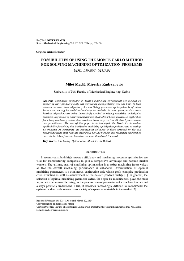 (PDF) Possibilities of using Monte Carlo method for solving machining ...